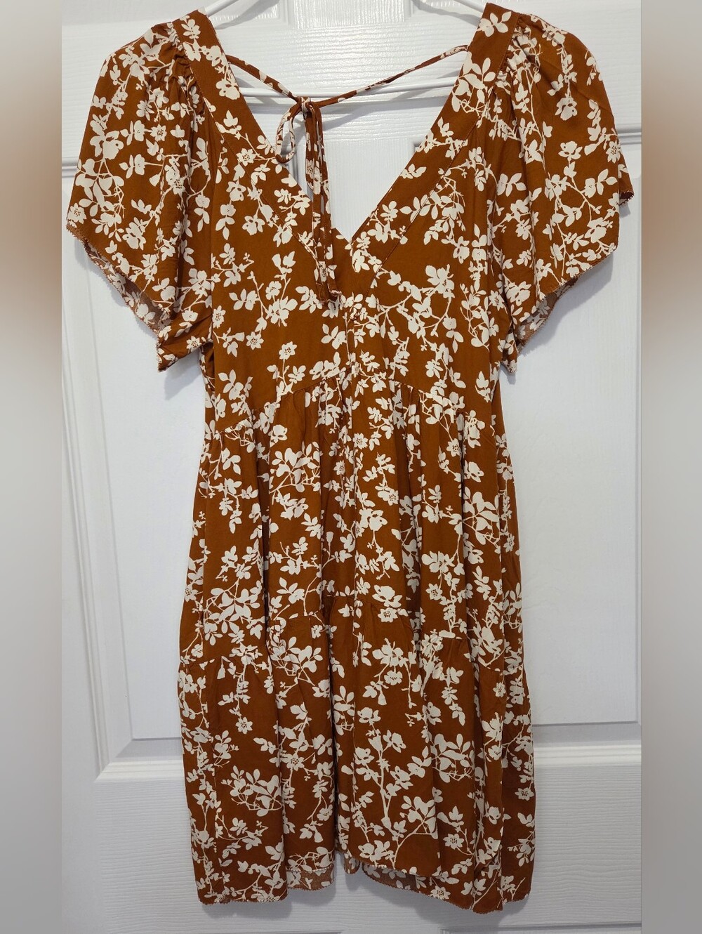 Old Navy Brown Floral Short Sleeve Tiered Mini Dress Sz Small Petite Boho Casual - Picture 7 of 13